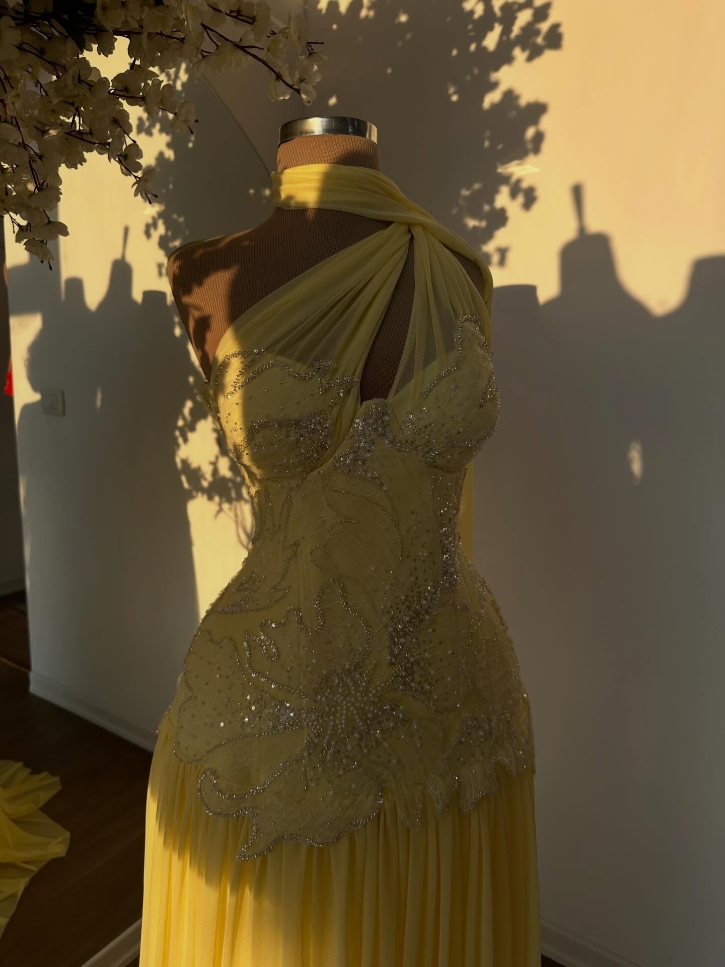 One-Shoulder Pleated Gown with Beaded Lace