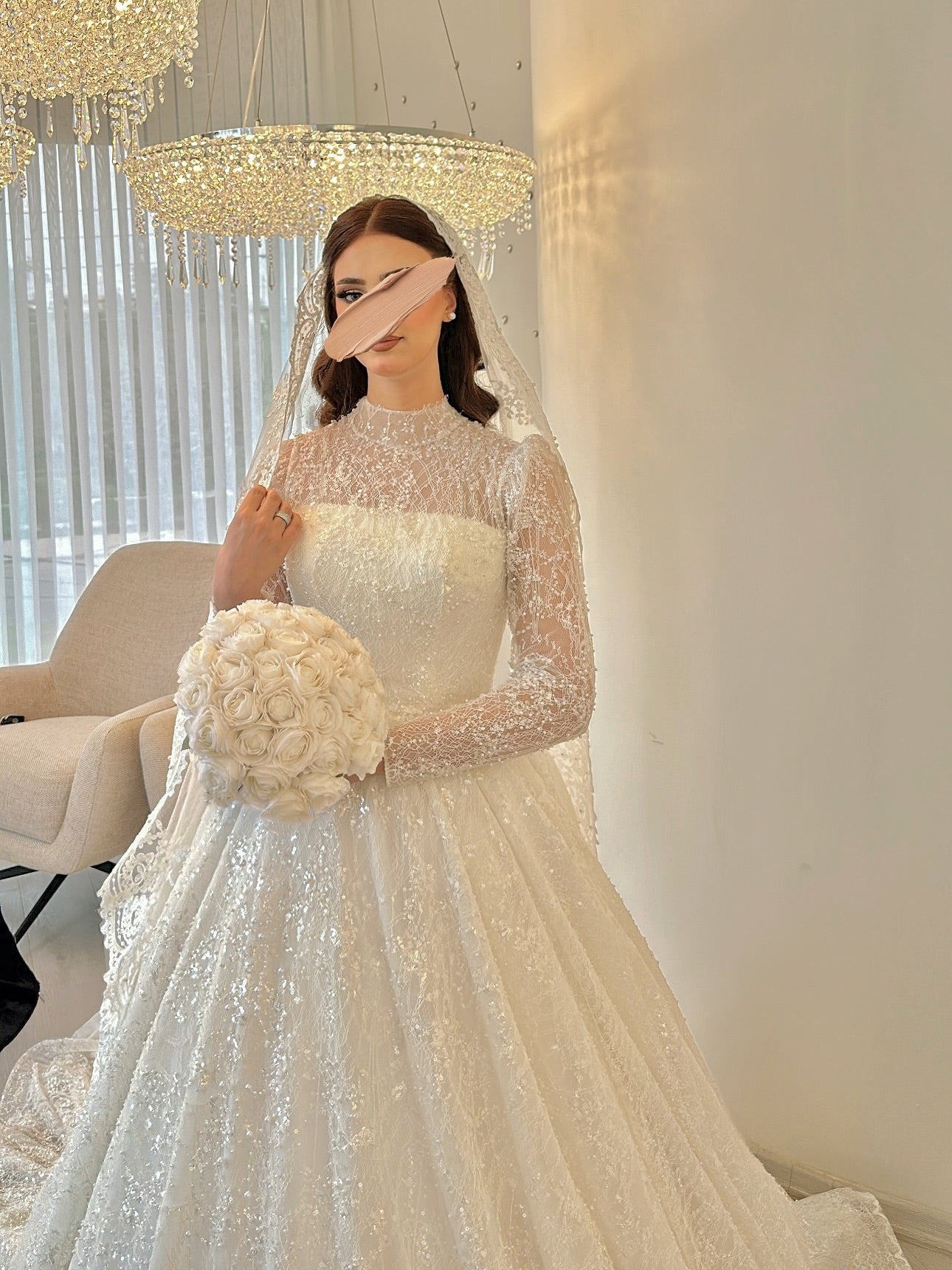 Illusion Long Sleeve Beaded Ball Gown Wedding Dress