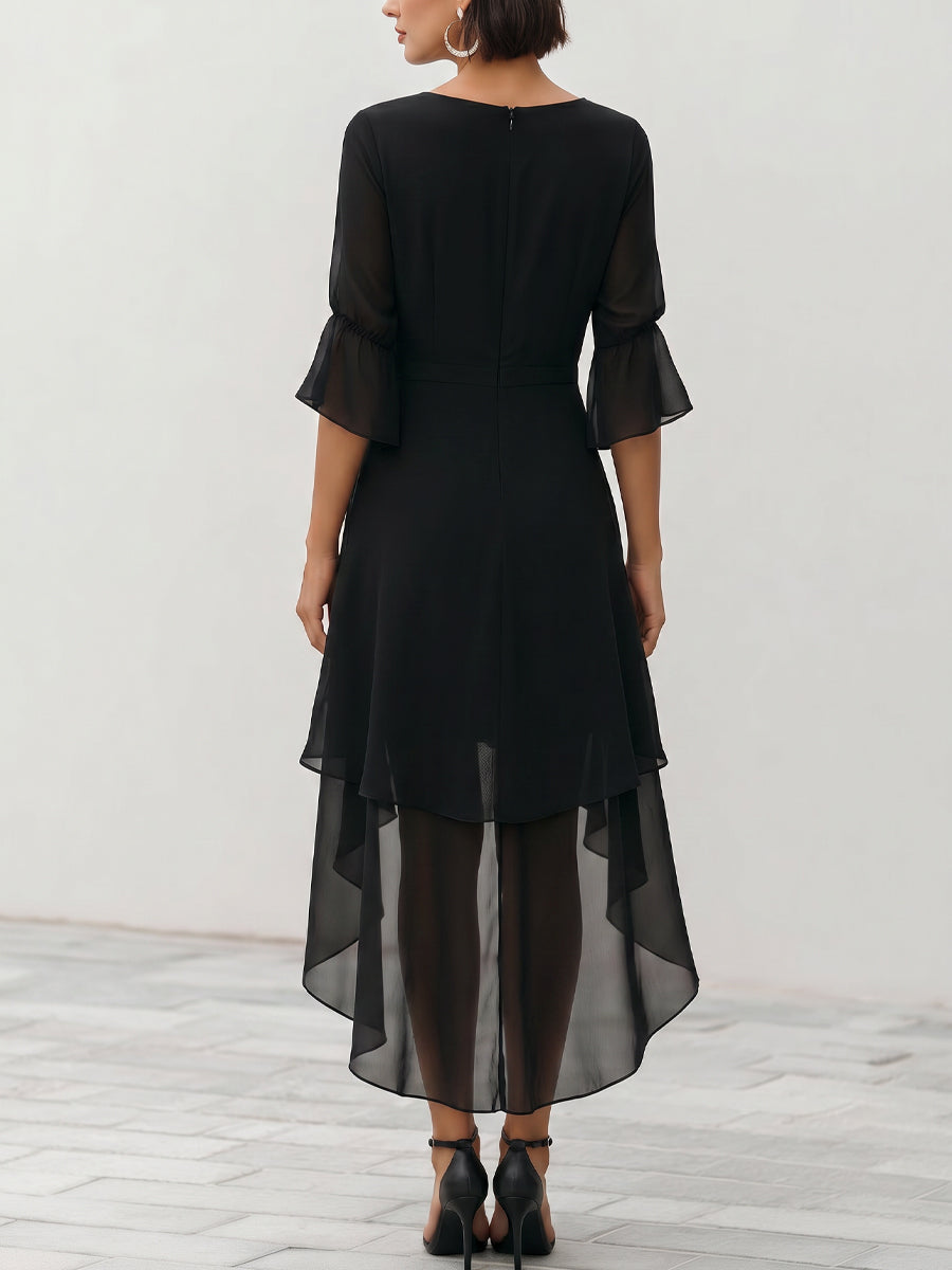 Tiered High-Low Dress with Flared Sleeves