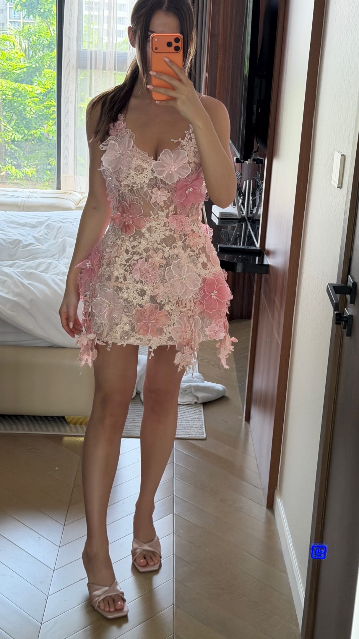 3D Floral Lace Mini Dress with Sweetheart Neckline