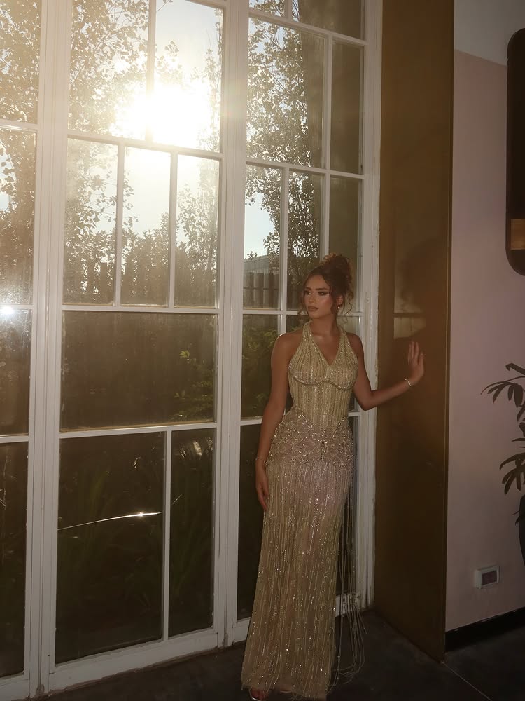 Halter Beaded Corset Evening Gown with Fringe Skirt