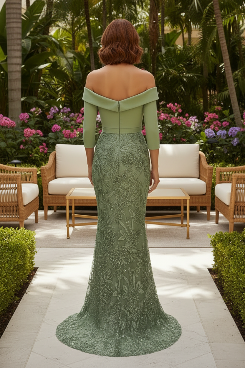 Off-the-Shoulder 3/4 Sleeve Mermaid Evening Gown