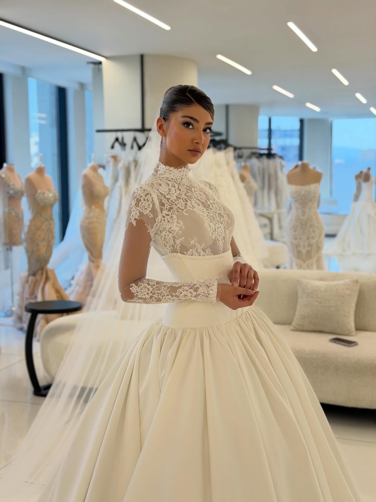 High Neck Lace Bodice Ball Gown Wedding Dress