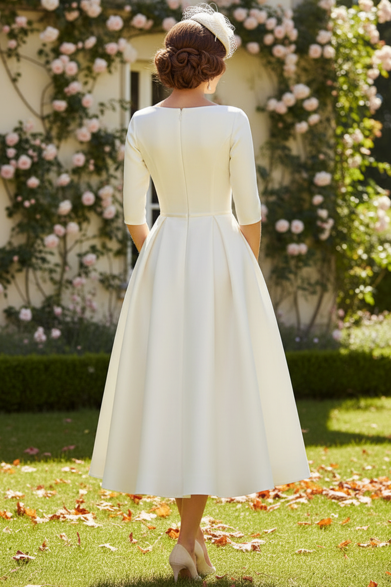 Elegant White A-Line Tea-Length Mother of the Bride Dress with Half Sleeves & Jeweled Bow