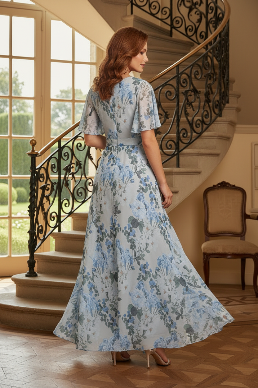 Floral Print Chiffon Maxi Dress with Flutter Sleeves