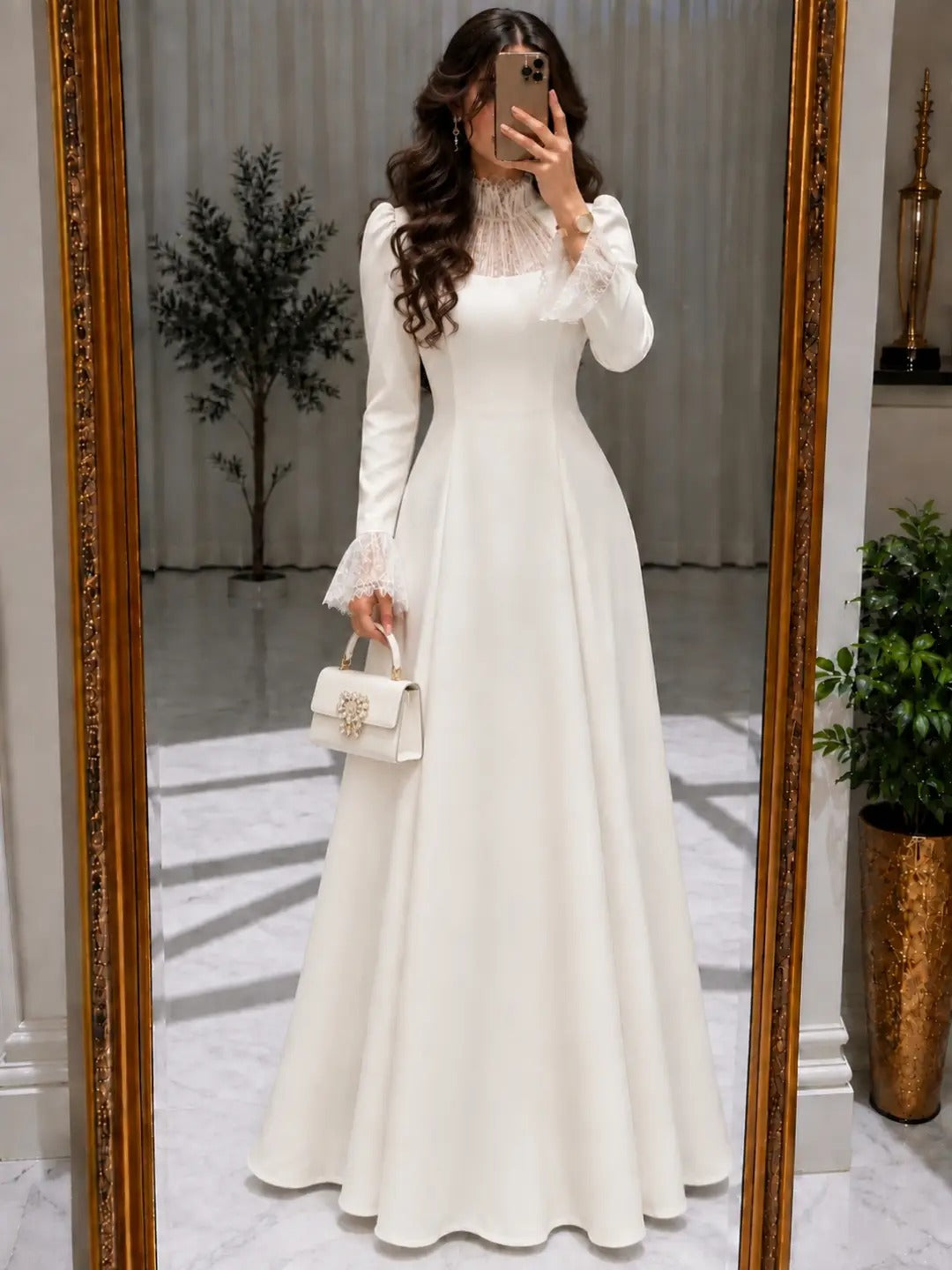 A-Line Gown with Illusion Lace Neckline & Cuffs