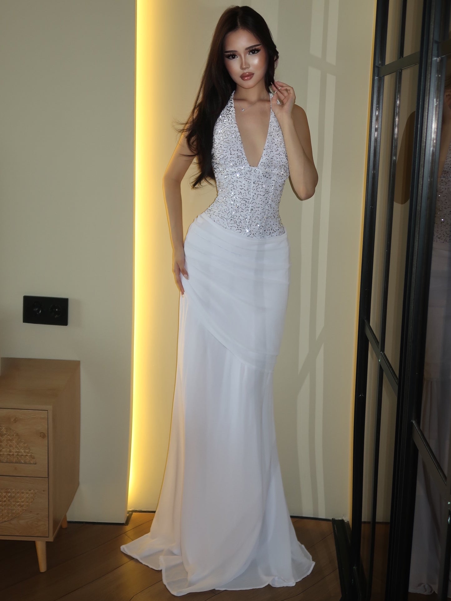 Halter Deep V-Neck Corset Draped Evening Gown