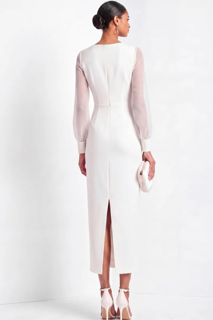 V-Neck Column Dress with Sheer Long Sleeves