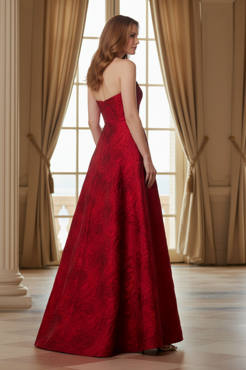 Strapless Floral Jacquard A-Line Evening Gown