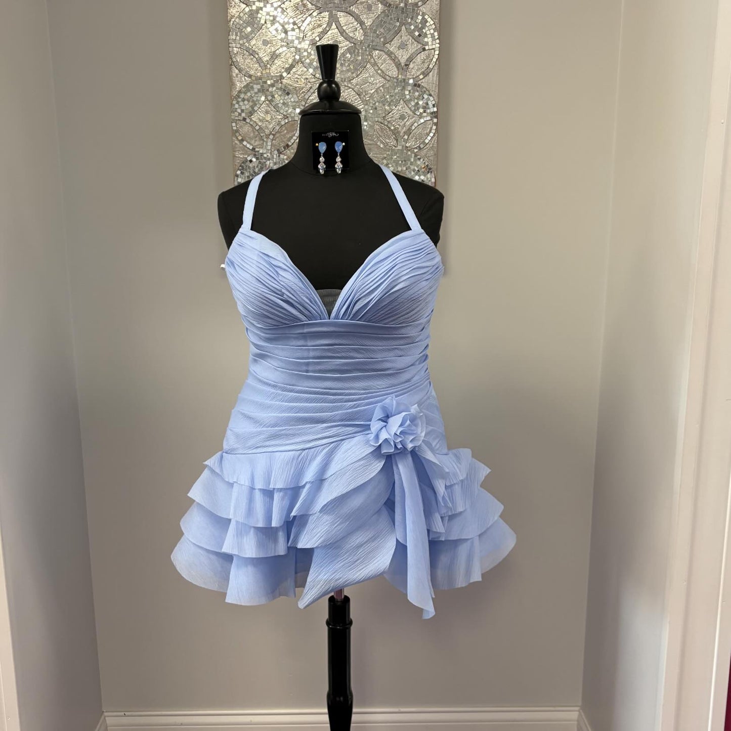 Ruched Halter Mini Dress with 3D Flower Detail