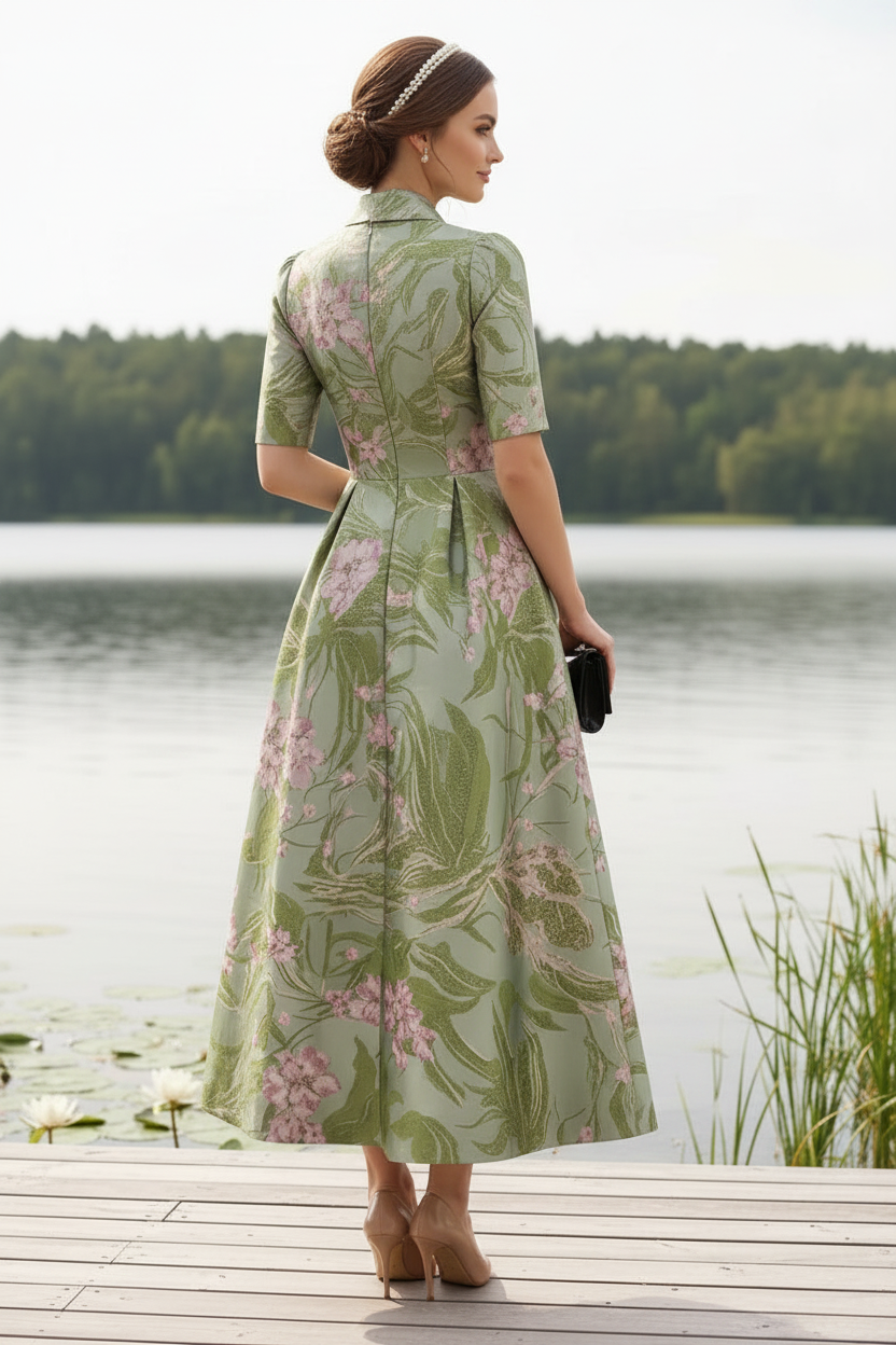 Green Floral Jacquard Tea-Length Mother of the Bride Dress with Bow & Pockets