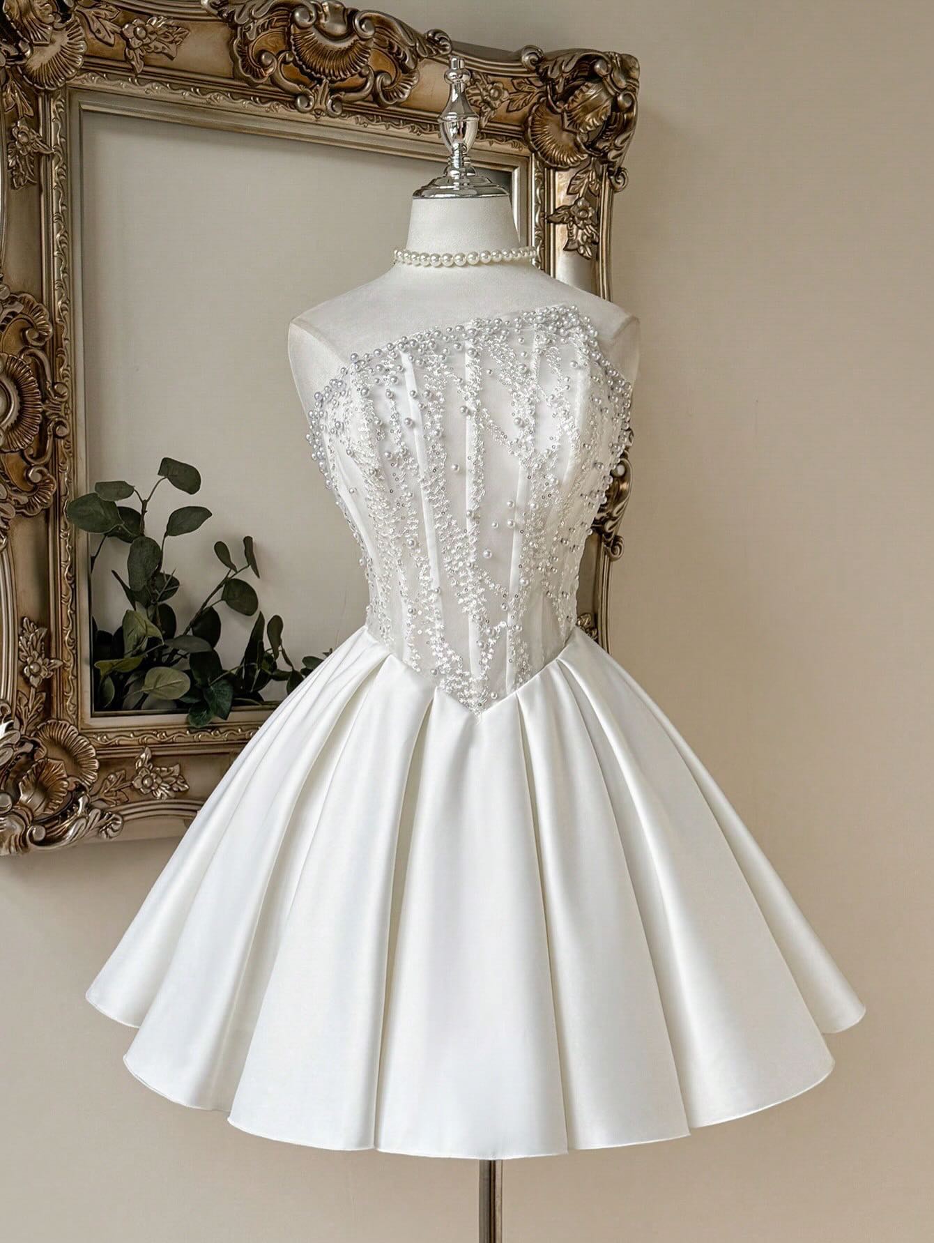 Strapless Pearl Beaded Corset Satin A-Line Mini Dress