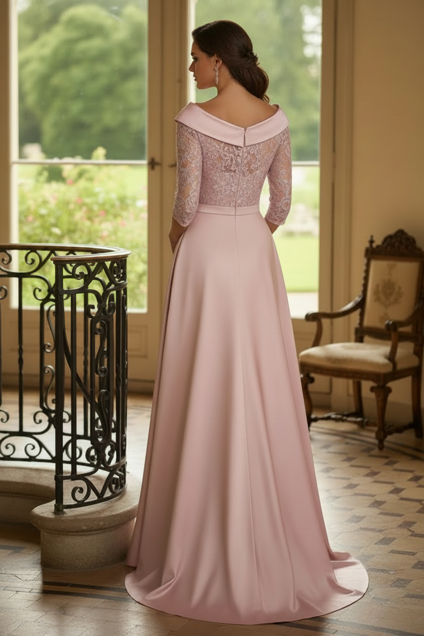 A-Line Satin and Lace Evening Gown with Pockets