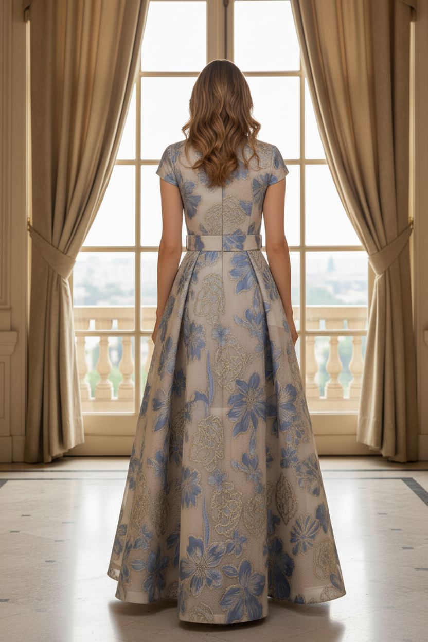 Floral Jacquard A-Line Gown with Belted Waist