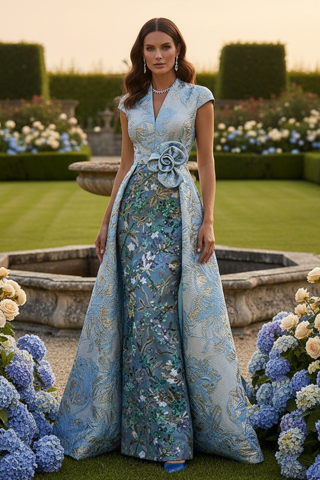 Jacquard Evening Gown with Embroidered Sheath Skirt