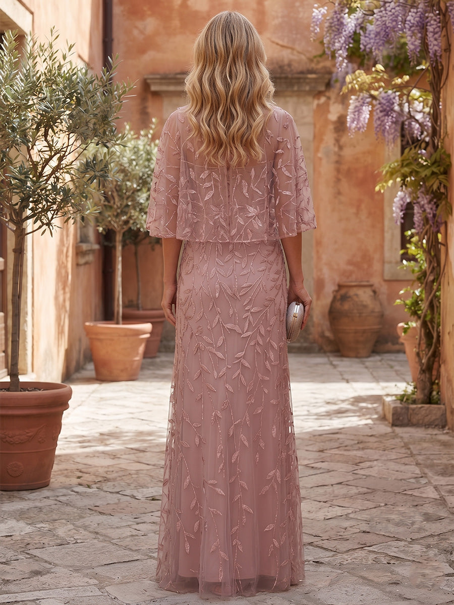 Embroidered Capelet A-Line Evening Dress