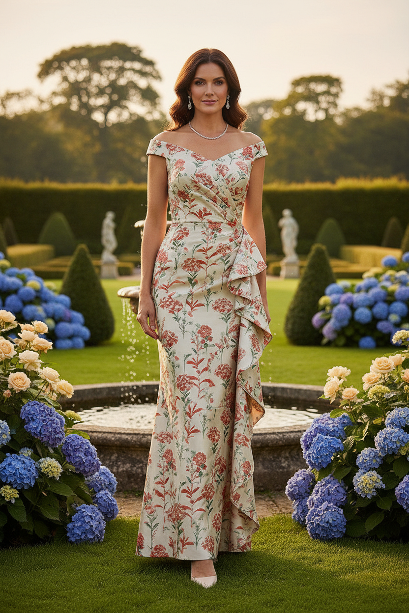 Off-the-Shoulder Floral Jacquard Evening Gown