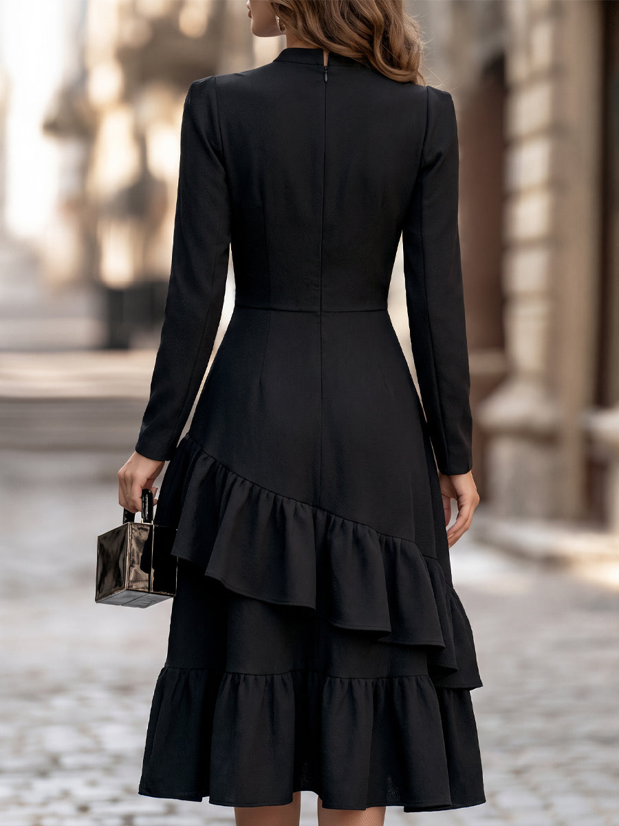 Buttoned Asymmetrical Ruffle Midi Dress