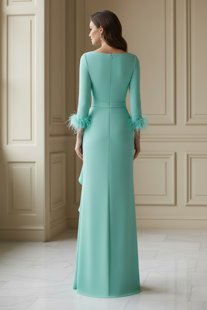 Long Sleeve Feather Cuff V-Back Evening Gown