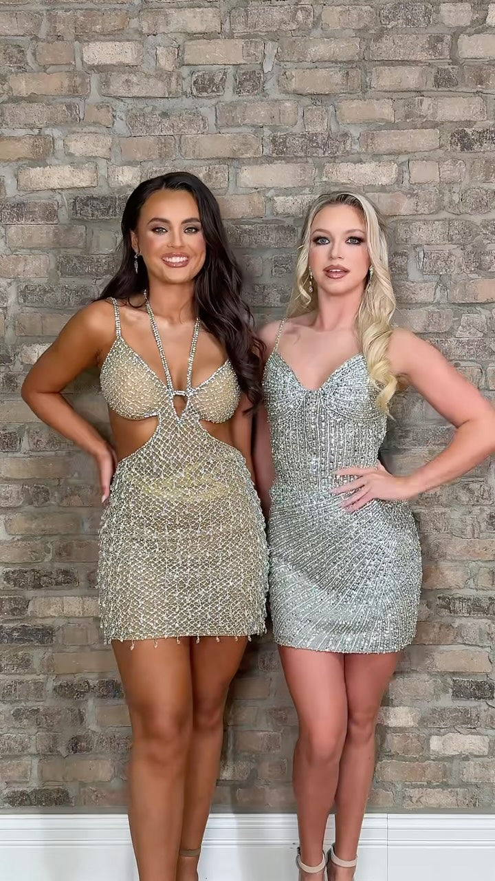 Cut-Out Beaded Halter Mini Dress