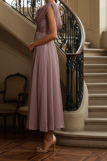 Cowl Neck Chiffon Midi Dress with 3D Flower