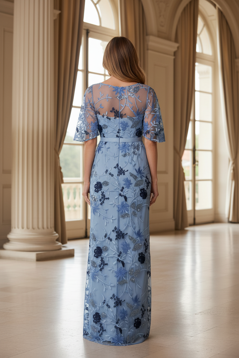 Floral Embroidered Illusion Gown with Flutter Sleeves