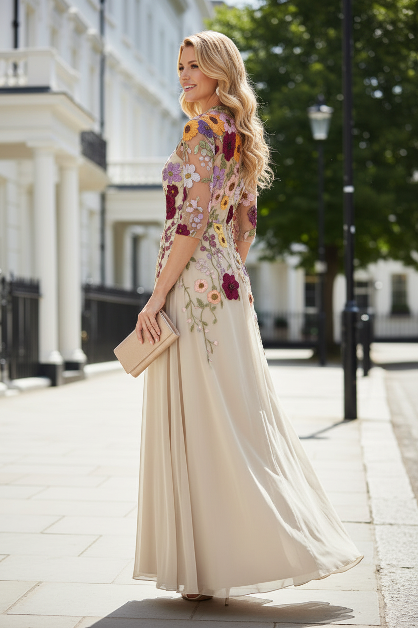 Floral Embroidered Sheer Mesh A-Line Maxi Dress