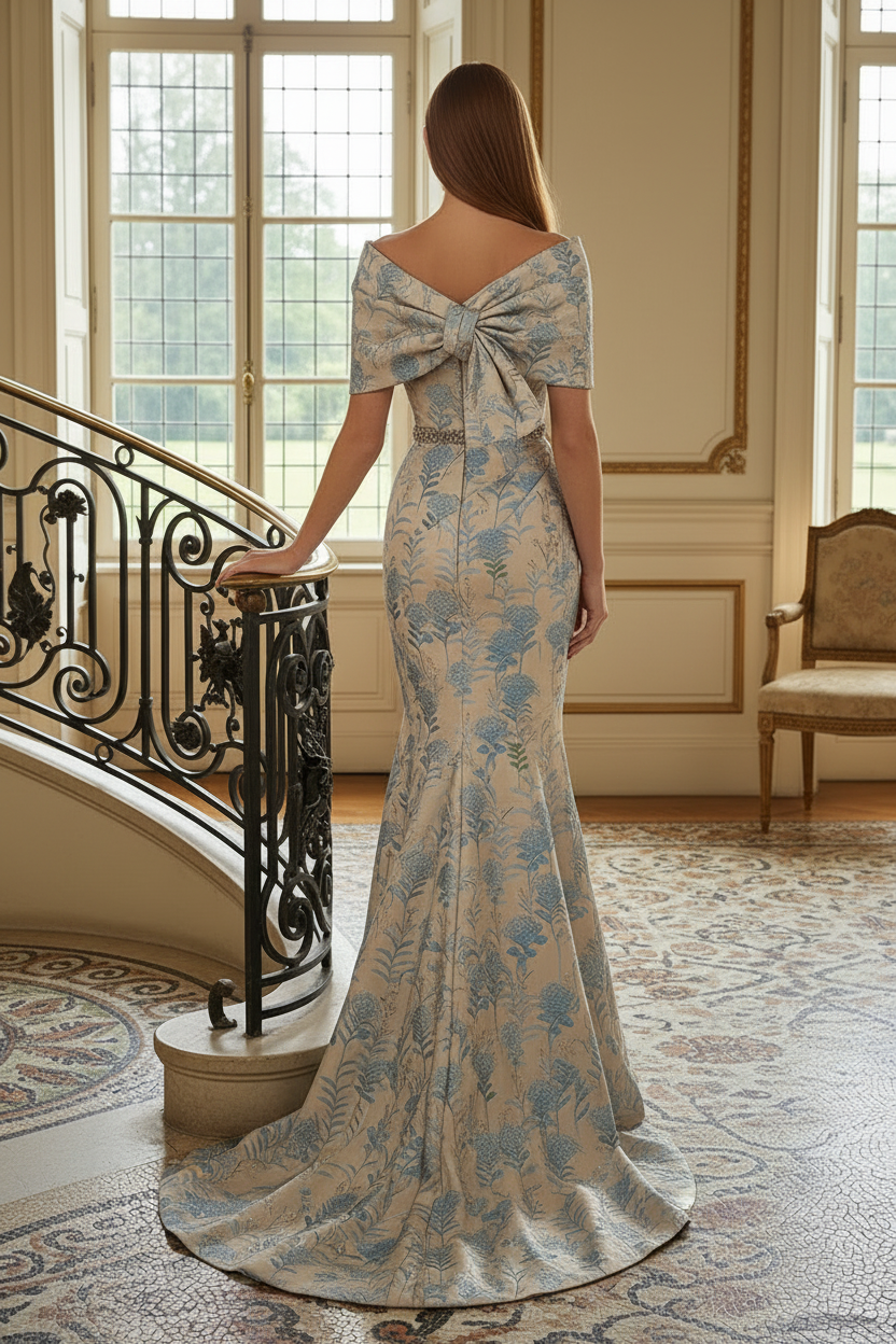 Off-the-Shoulder Jacquard Mermaid Evening Gown