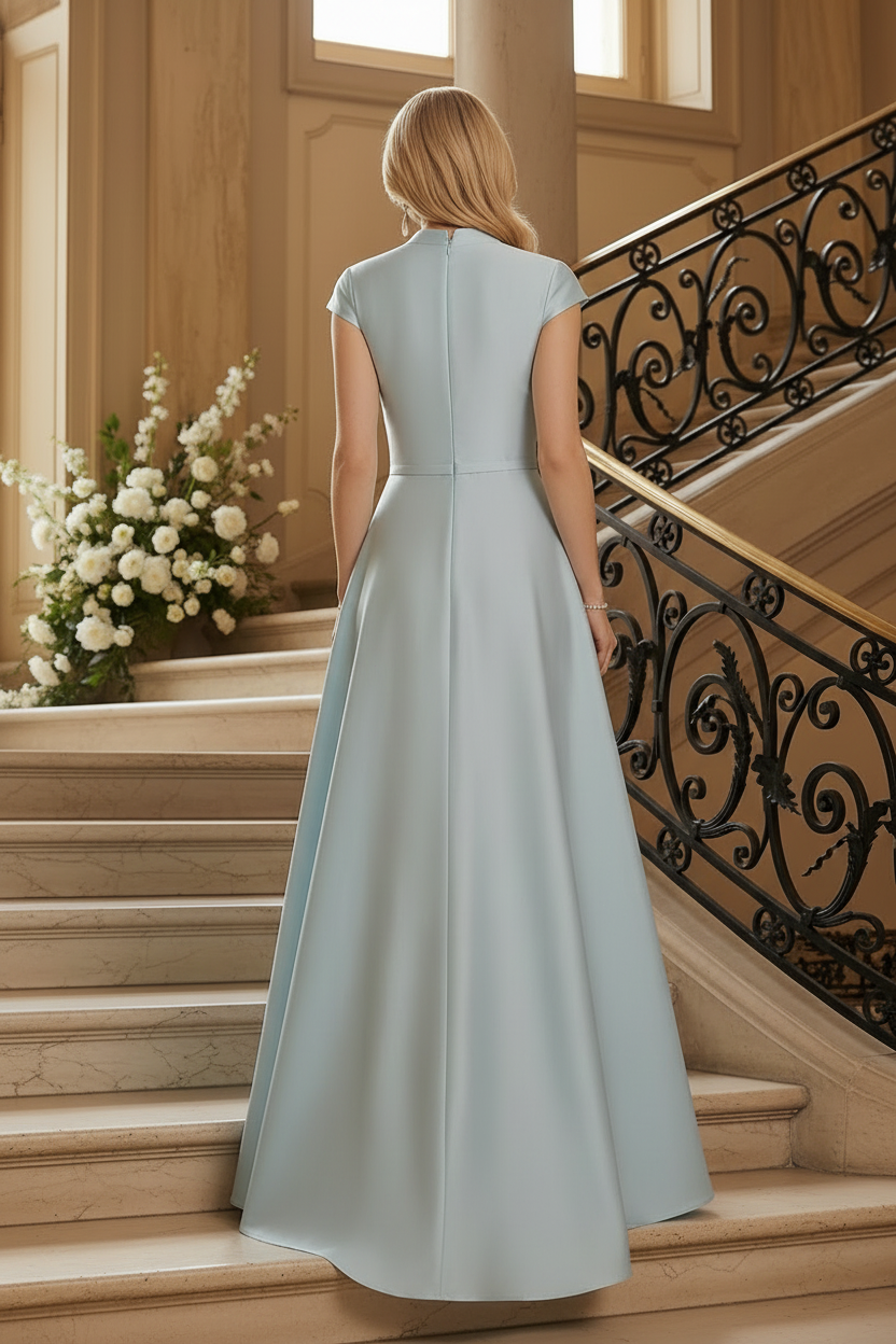 Elegant A-Line Satin Evening Gown with Cap Sleeves