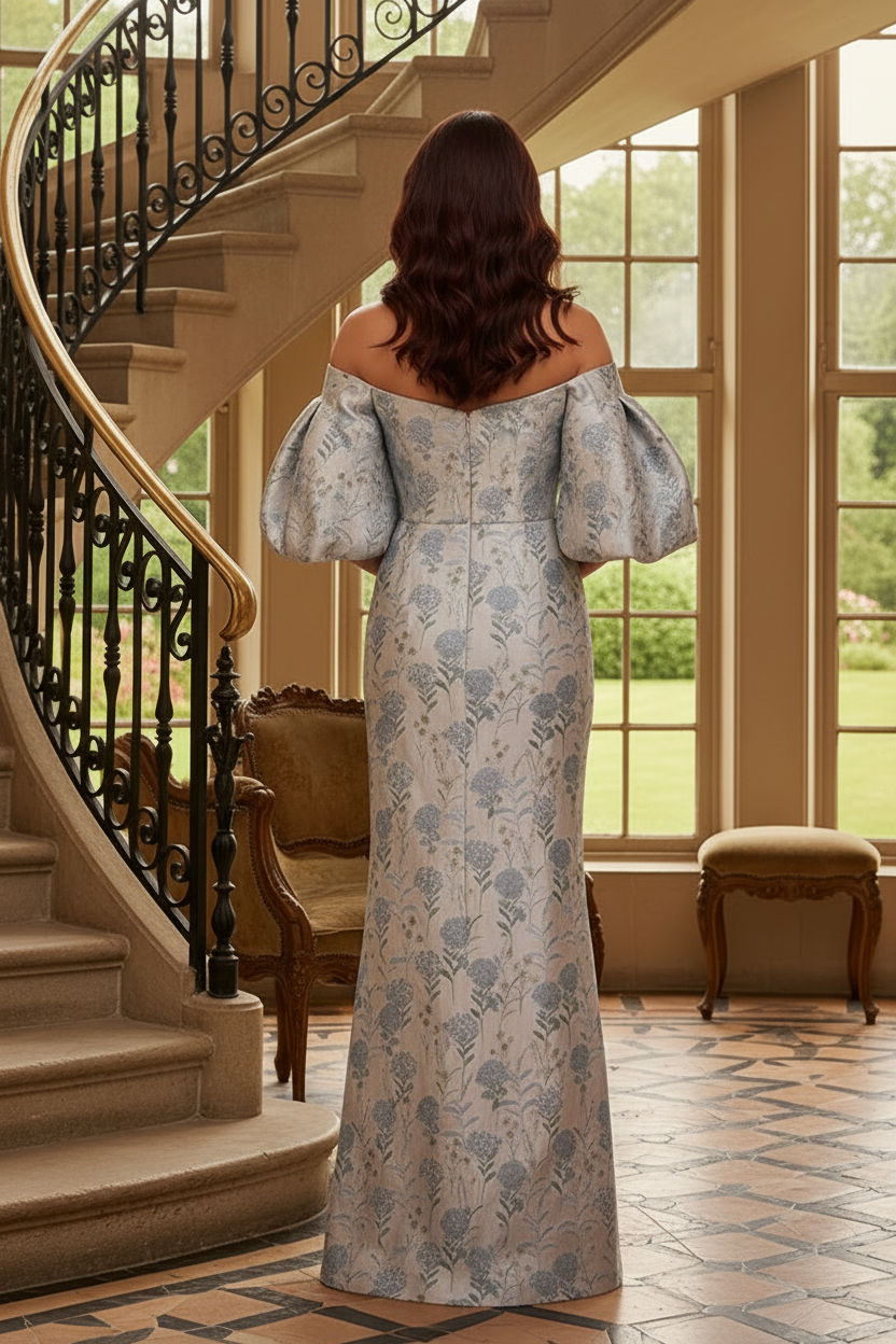 Floral Jacquard Off-the-Shoulder Evening Gown