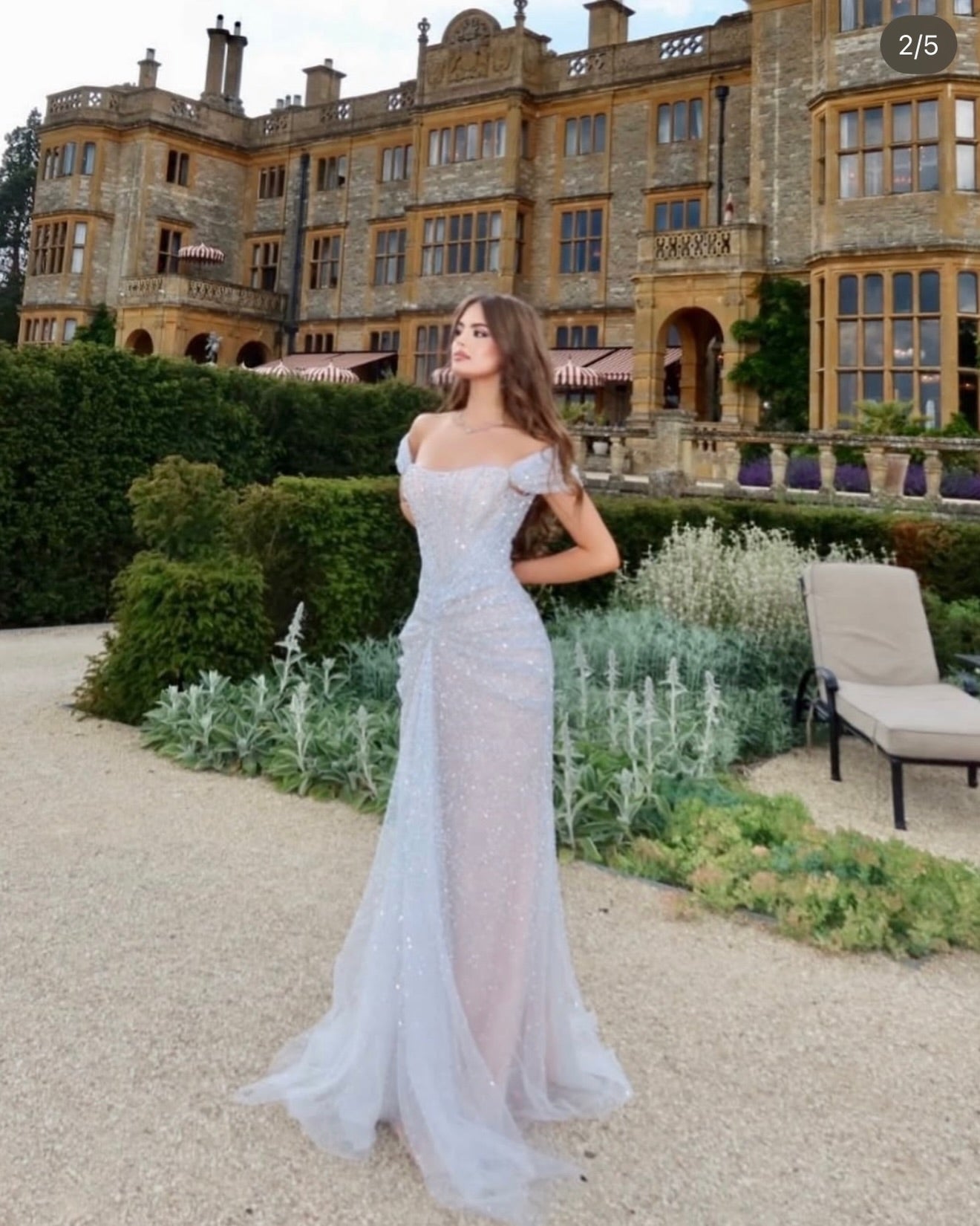 Off-the-Shoulder Ruched Glitter Evening Gown