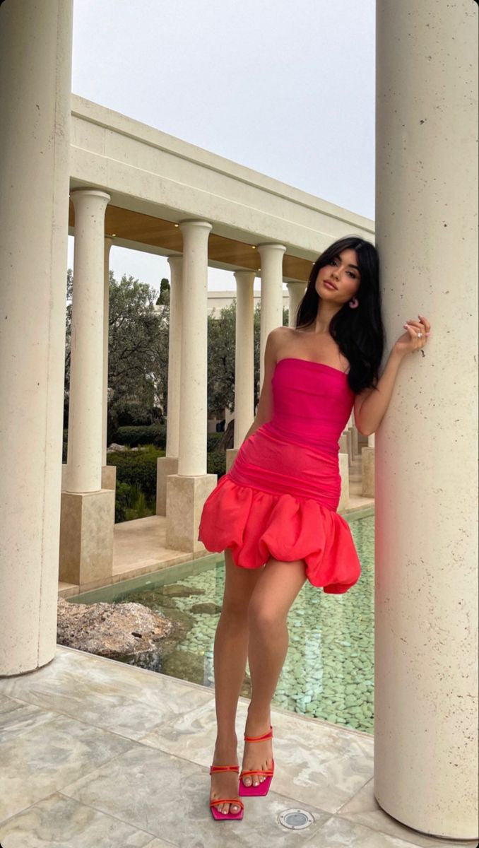 Strapless Ruched Mini Dress with Bubble Skirt