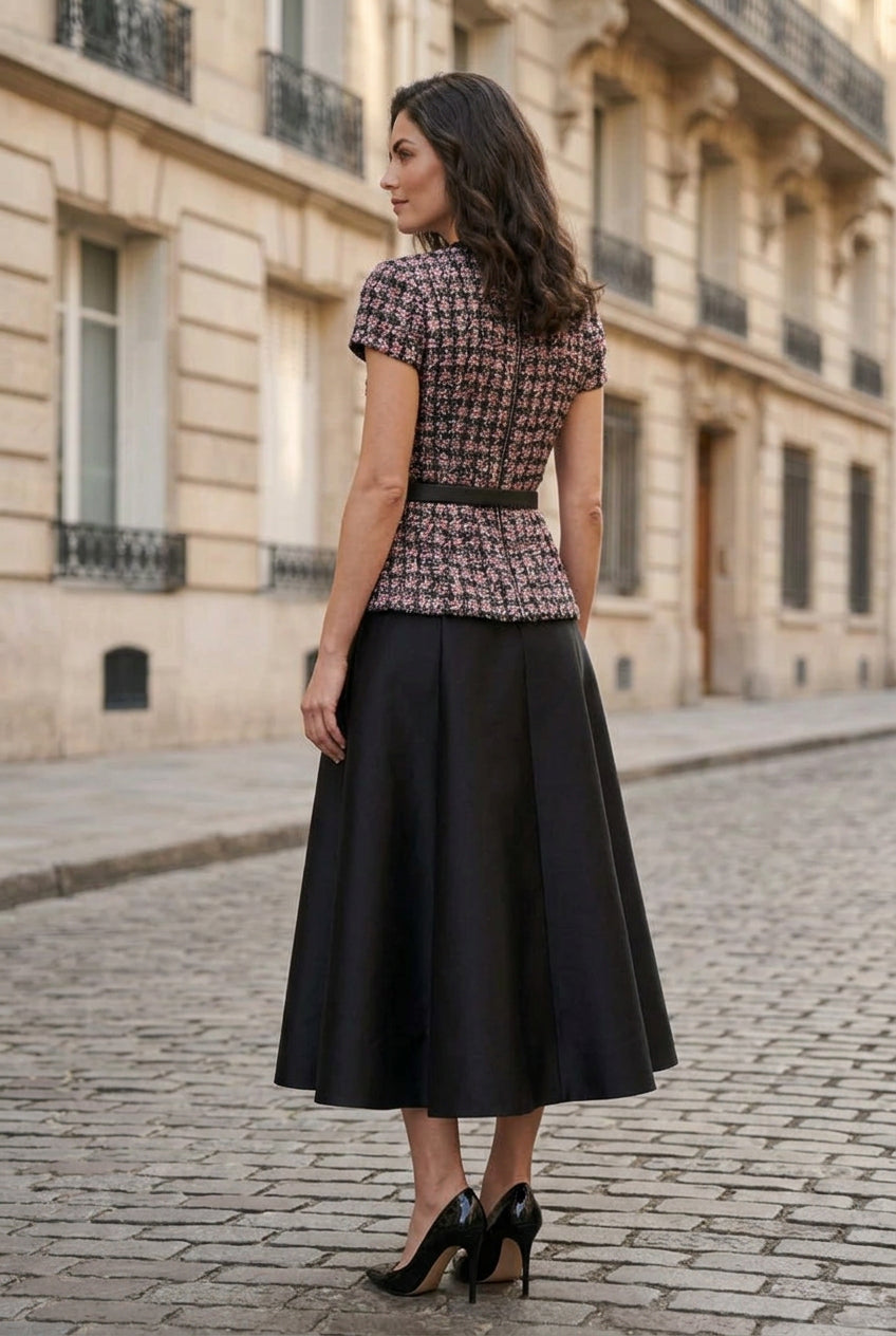 Tweed Peplum Top and Midi A-Line Skirt Set