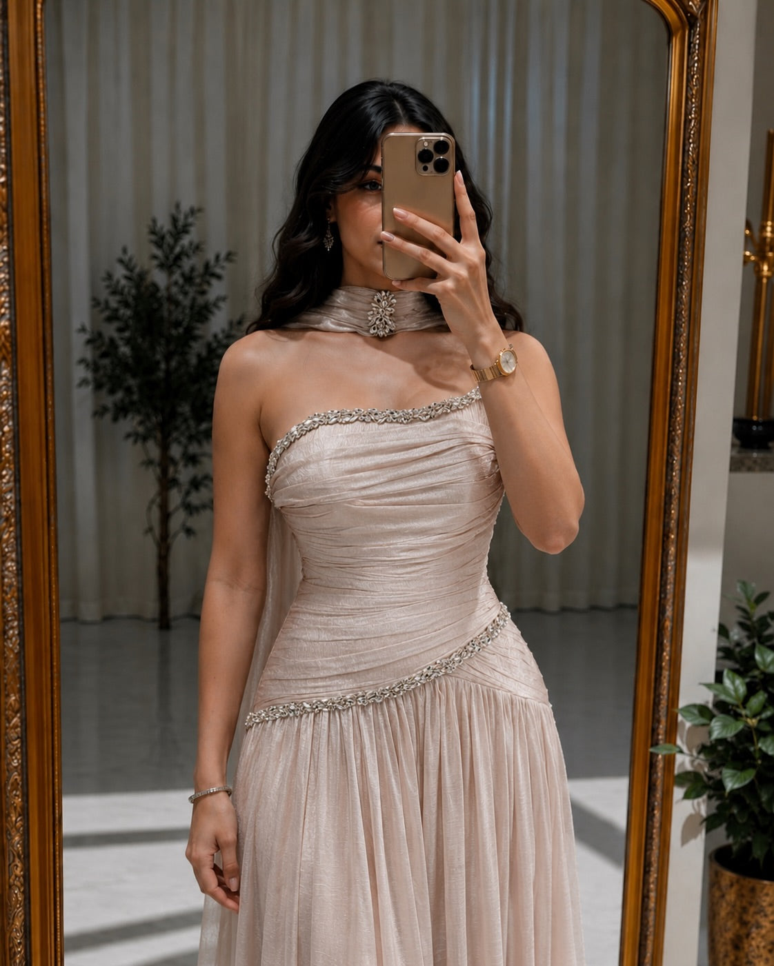 Ruched Crystal-Trim Evening Gown with Scarf