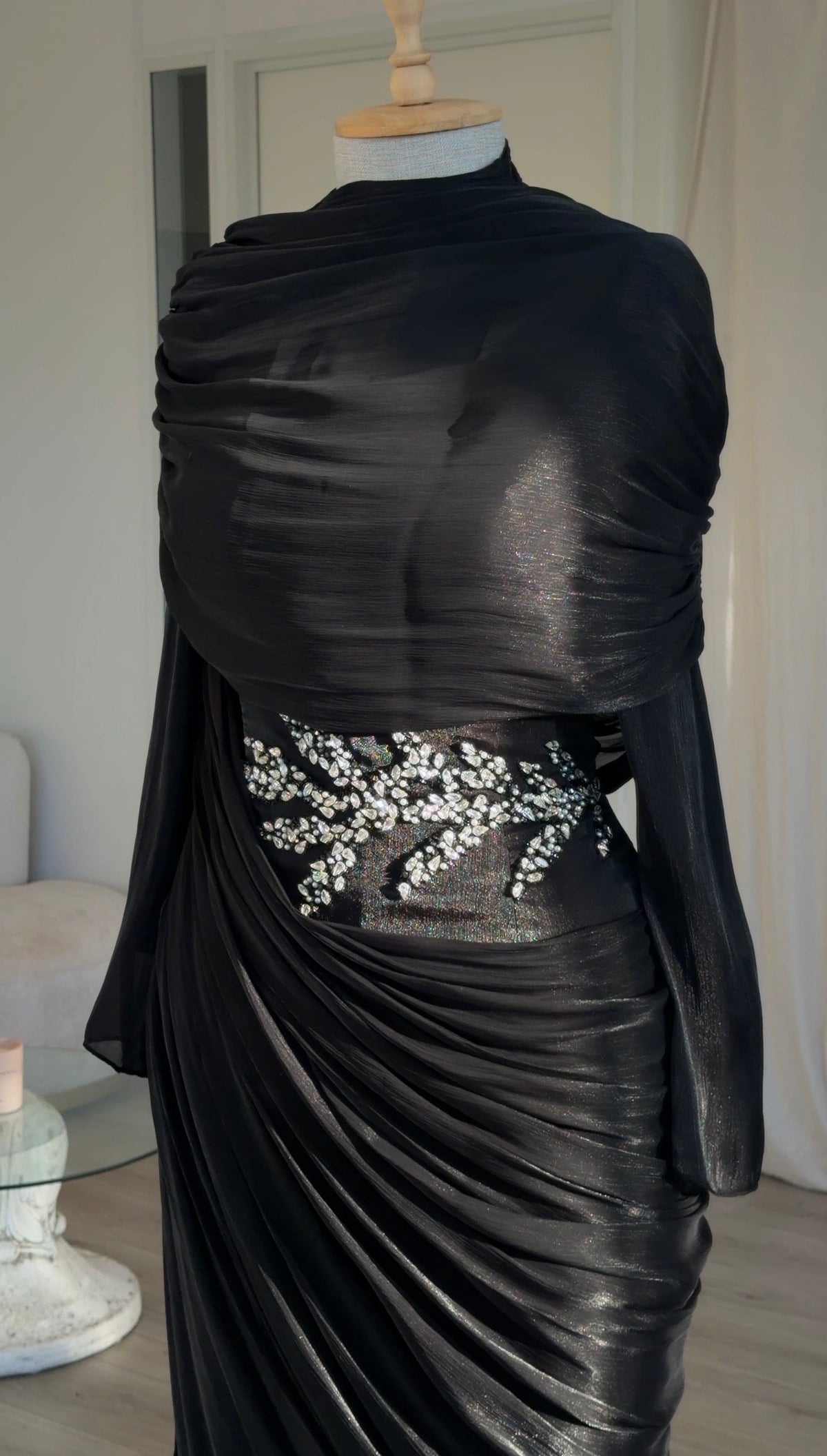Draped Cowl Maxi Evening Gown with Beaded Waist
