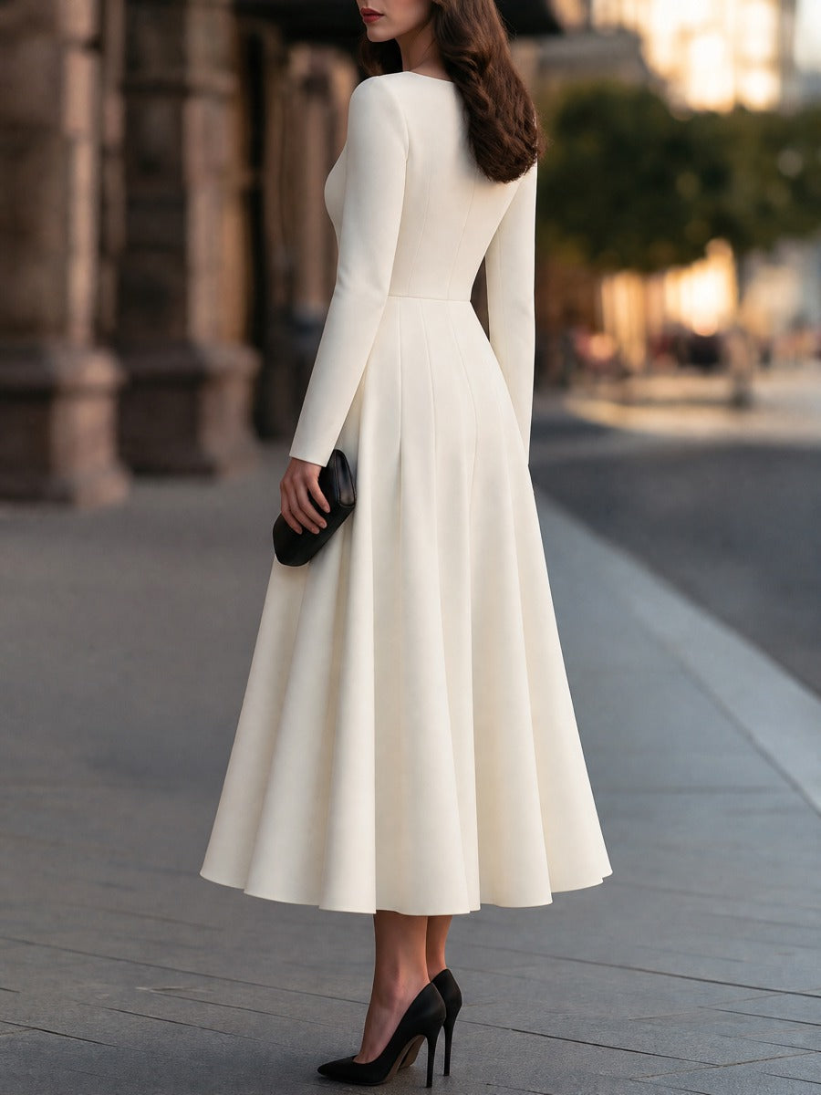 Long Sleeve Bateau Neck Pleated Midi A-Line Dress