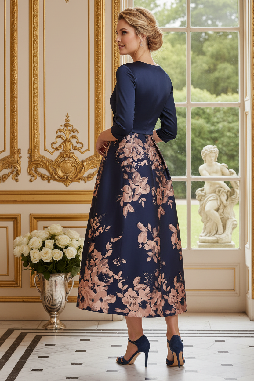 Floral Print V-Neck Midi Dress with 3/4 Sleeves