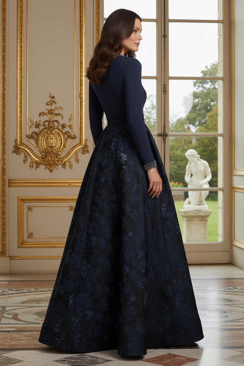 Embellished Long Sleeve Gown with Pleated Jacquard Skirt