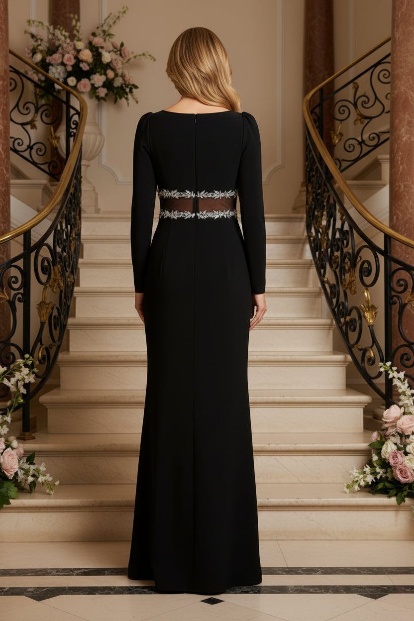 Bateau Neck Long Sleeve Gown with Illusion Waist