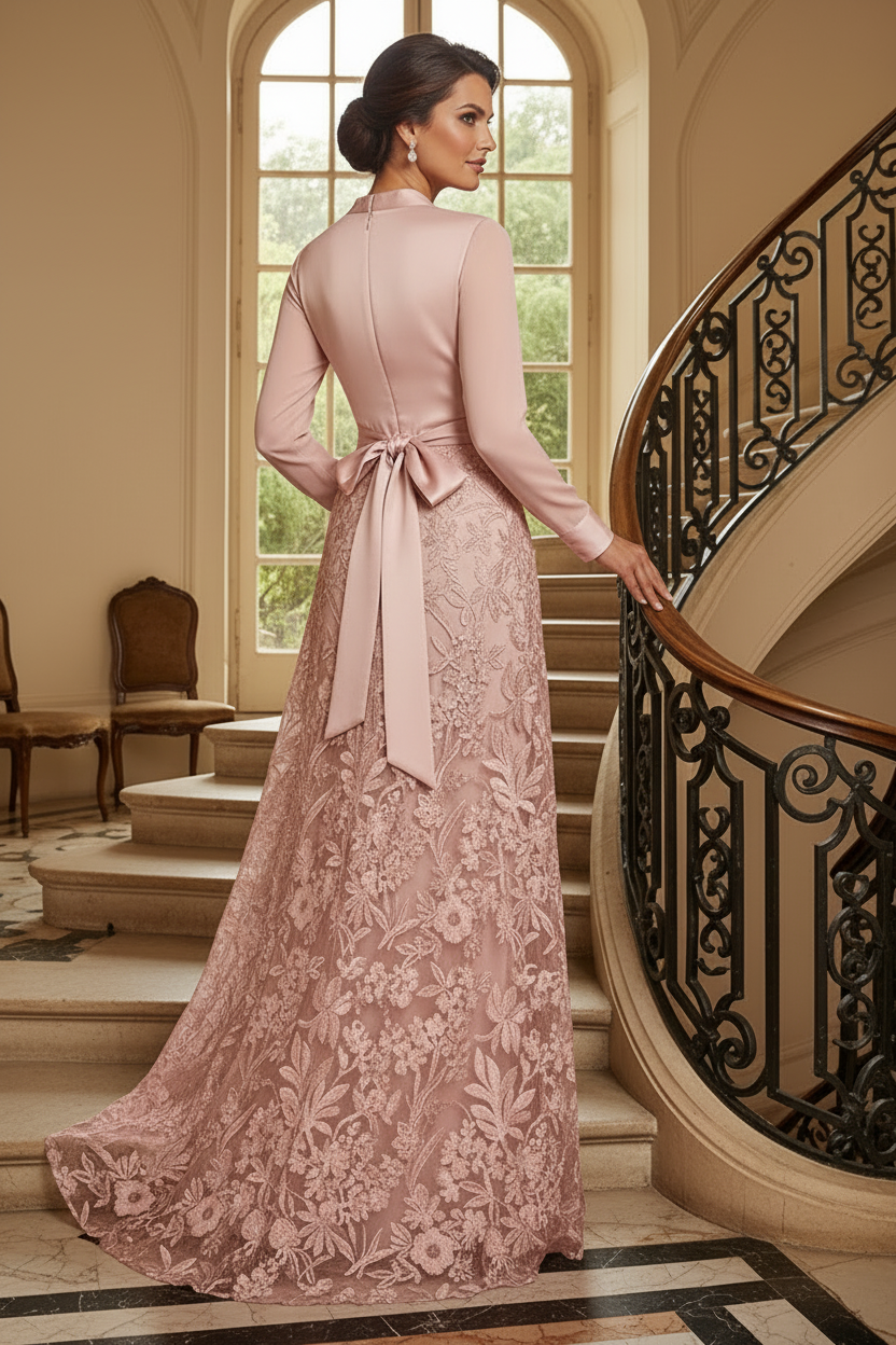 A-Line Lace and Satin Long Sleeve Evening Gown