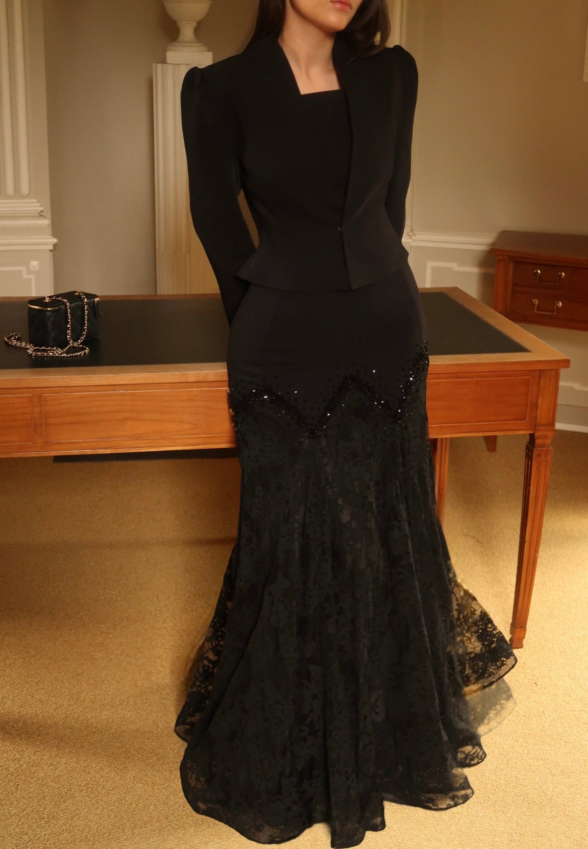 Square Neck Mermaid Gown with Jacket & Lace Skirt