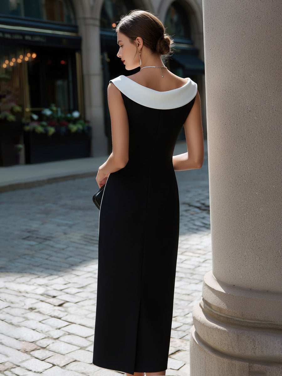 Contrast Collar Sleeveless Midi Column Dress