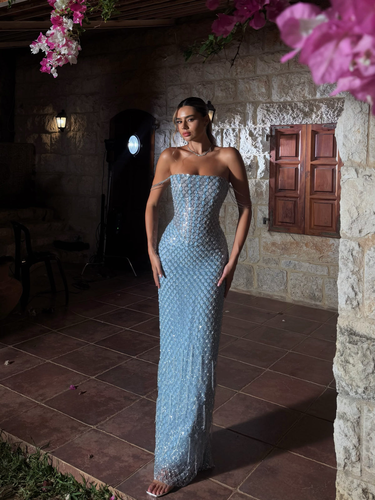 Strapless Beaded Column Gown with Arm Chains