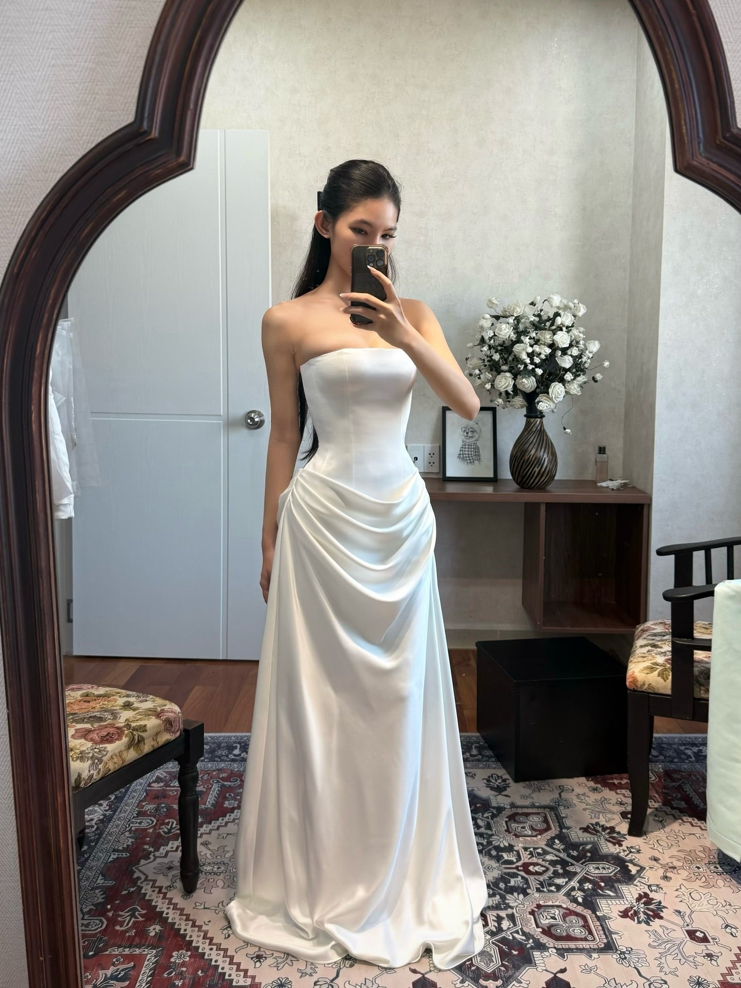 Strapless Satin Sheath Wedding Gown with Ruched Skirt