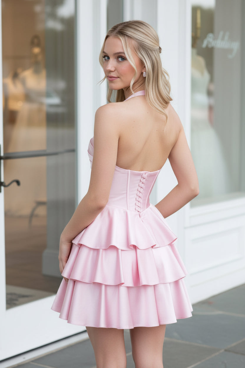 Halter Sweetheart Tiered Satin Corset Mini Dress