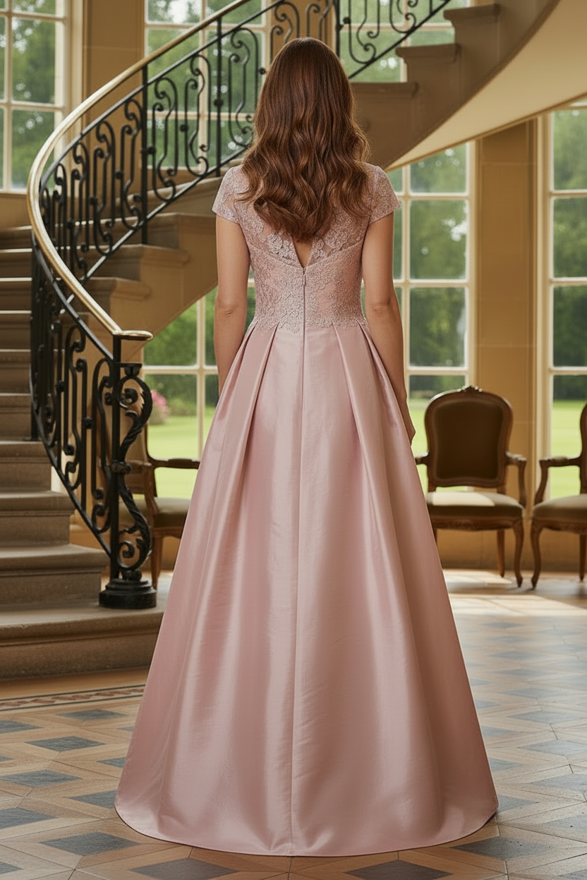 Lace Cap Sleeve Pleated A-Line Evening Gown