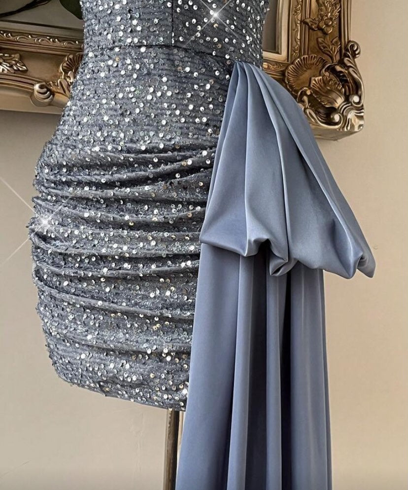 Ruched Sequin Halter Mini Dress with Satin Drape