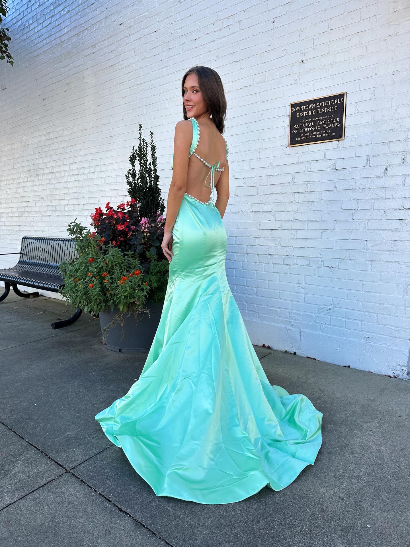 Satin Mermaid Gown with Pearl Straps and Open Back