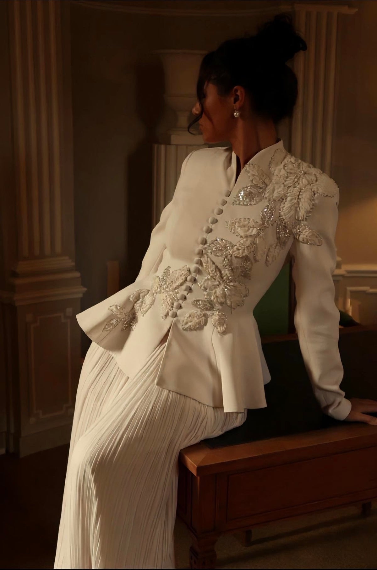 Embroidered Peplum Jacket & Pleated Maxi Dress Set