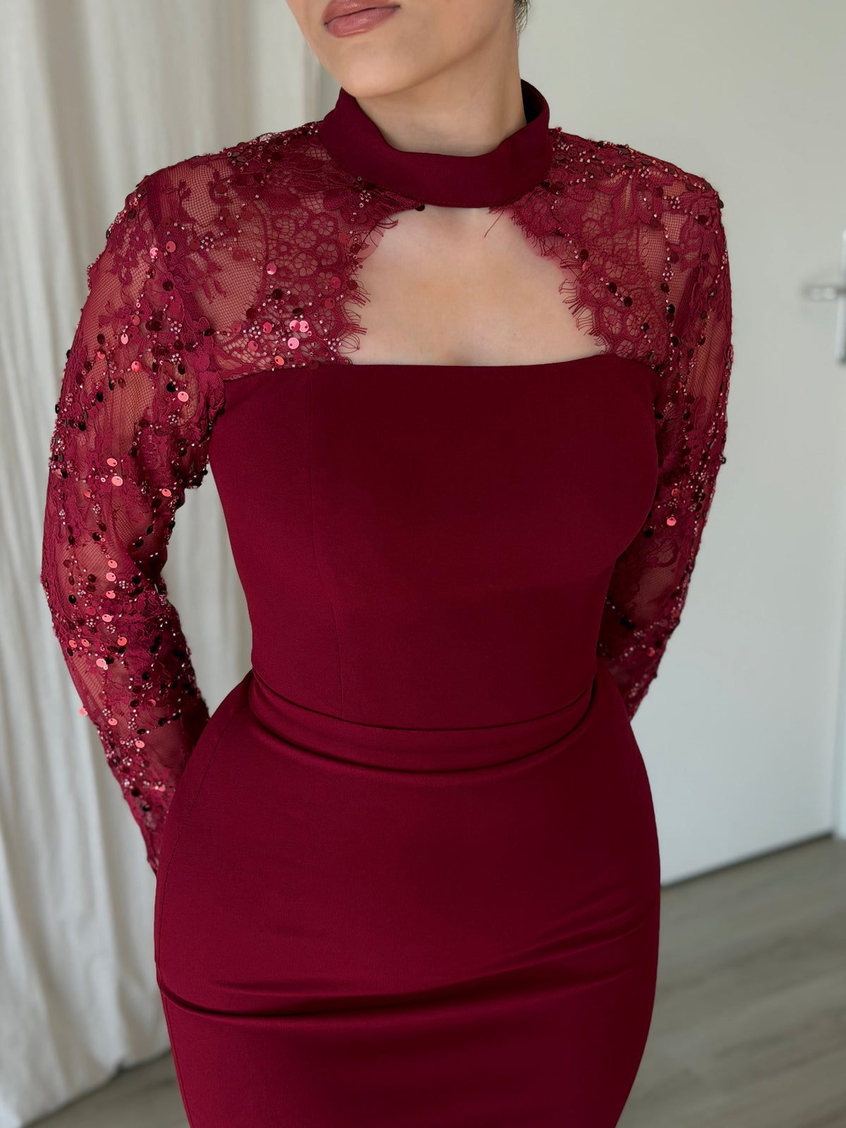 Sequin Lace Sleeve Mermaid Gown with Cut-Out Neckline